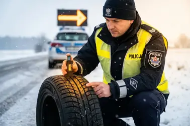 Kontrola drogowa samochodu z weryfikacją symbolu zimowego i głębokości bieżnika opon