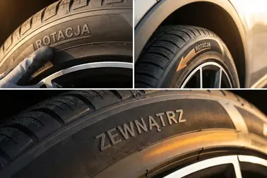 Kontrola napisów Rotation, Outside i Inside na oponie zamontowanej w samochodzie