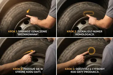 Kontrola napisu RETREAD, znakiem homologacji, daty bieżnikowania i oznaczenia bieżnikującego