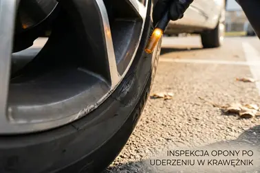 Kontrola ściany bocznej opony, stopki i rantu felgi po uderzeniu kołem w krawężnik
