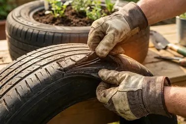 Kontrola stabilności, ostrych krawędzi i odpływu wody w projekcie ze starej opony i felgi
