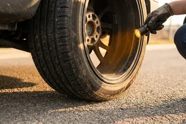 Kontrola wewnętrznego boku opony przy kole skręconym na postoju