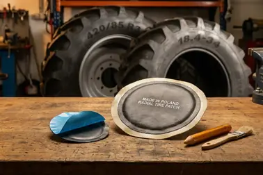 Łata do dętki oraz wkłady do radialnej i diagonalnej opony rolniczej obok oznaczeń 420/85 R34 i 18.4-34