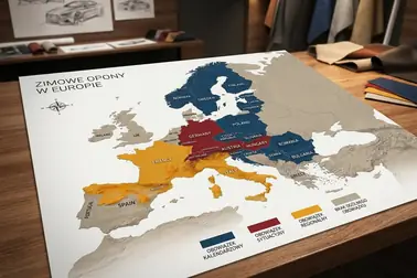 Mapa Europy ilustrująca obowiązek kalendarzowy, sytuacyjny, regionalny i brak powszechnego nakazu opon zimowych