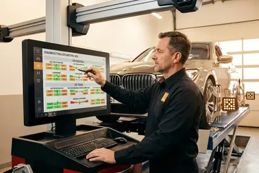 Mechanik analizujący wydruk pomiaru ustawienia przedniej i tylnej osi