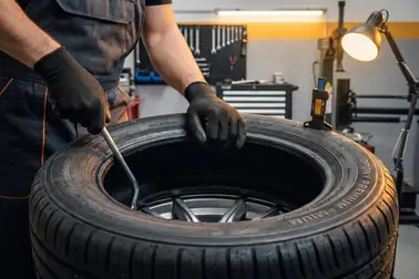 Mechanik dokładnie sprawdzający wnętrze i stopkę opony samochodowej w warsztacie