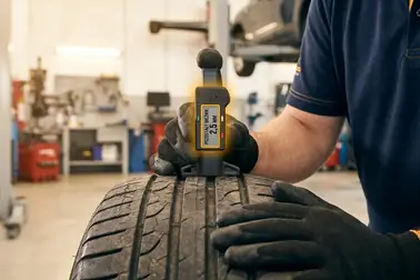 Mechanik mierzy głębokość bieżnika wyząbkowanej opony za pomocą profesjonalnego miernika