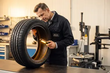 Mechanik ogląda wnętrze zdemontowanej opony w jasnym warsztacie wulkanizacyjnym