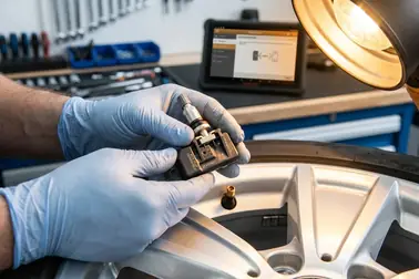 Mechanik sprawdzający czujnik systemu TPMS przed montażem opony Run Flat