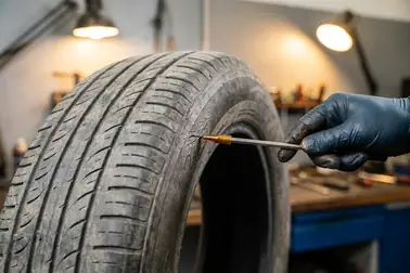 Mechanik wskazujący pęknięcia na boku starej opony samochodowej