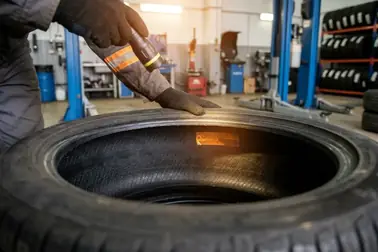Mechanik wulkanizator oglądający wnętrze zdemontowanej opony Run Flat przy pomocy latarki.
