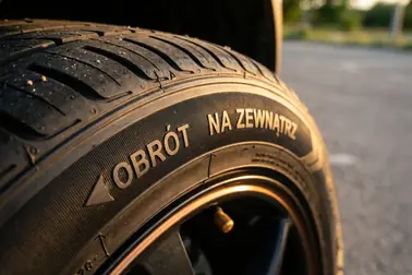 Napisy ROTATION, OUTSIDE i INSIDE na boku opony używane do kontroli prawidłowego montażu