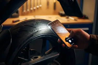 Odczytywanie telefonem datownika po wewnętrznej stronie opony motocyklowej