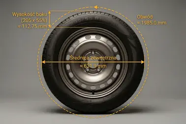 Opona 205/55 R16 z zaznaczoną wysokością boku, średnicą zewnętrzną i obwodem