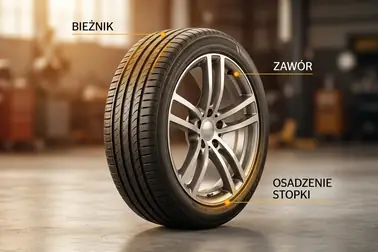 Opona samochodowa z zaznaczonym bieżnikiem, zaworem oraz stykiem stopki z felgą sprawdzanymi pod kątem wycieku