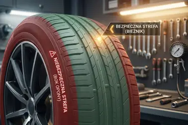 Opona z zaznaczoną centralną strefą bieżnika oraz bokiem i barkiem nienadającymi się do uszczelnienia sznurem