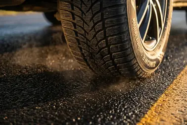 Opona zimowa jadąca po rozgrzanym asfalcie podczas ciepłego dnia