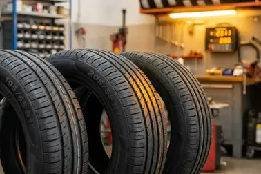 Opony samochodowe z widocznymi przykładowymi zapisami 195/65 R15, 205/55 R16 i 225/45 R17