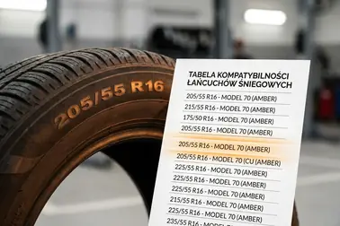 Oznaczenie 205/55 R16 na boku opony zestawione z tabelą kompatybilności skarpet śniegowych