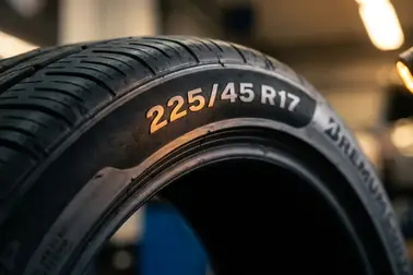 Oznaczenie 225/45 R17 na boku opony ze wskazaną liczbą 225