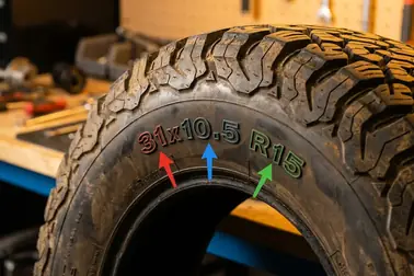 Oznaczenie 31×10.5 R15 na boku opony z wyróżnioną średnicą, szerokością, konstrukcją radialną i średnicą felgi
