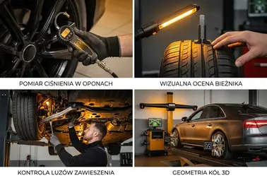 Pomiar ciśnienia, oględziny opony, kontrola zawieszenia i pomiar geometrii kół