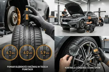 Pomiar rowka w 3 miejscach obwodu, oględziny boków i kontrola ciśnienia