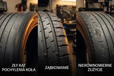 Porównanie gładko startego wewnętrznego barku, piórkowania klocków i miejscowego wytarcia opony