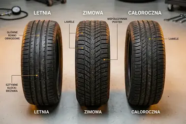 Porównanie głównych rowków, lameli i sztywnych klocków w bieżniku opony letniej, zimowej i całorocznej
