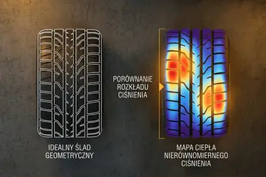 Porównanie obrysu powierzchni styku opony z nierównomiernym rozkładem nacisku na bieżniku