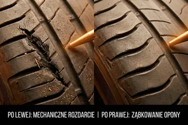 Porównanie pojedynczej, nieregularnej wyrwy w gumie z powtarzalnym ząbkowaniem kolejnych klocków bieżnika