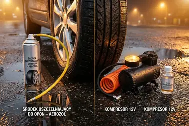 Porównanie pojemnika aerozolowego z zestawem uszczelniacza i kompresora 12 V