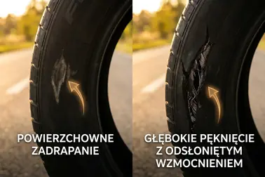 Porównanie powierzchownego otarcia boku z głębokim rozcięciem sięgającym stalowego kordu