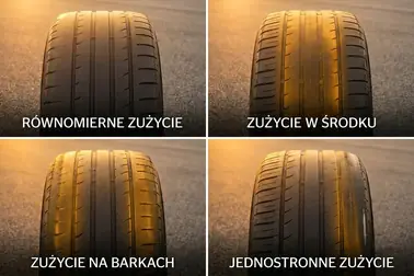 Porównanie równomiernego zużycia oraz starcia środka, obu barków i jednej krawędzi bieżnika