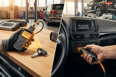 Programator przy czujniku TPMS oraz tester podłączony do sterownika samochodu