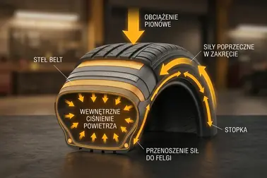 Przekrój opony z zaznaczoną drogą sił od pola styku przez warstwy do obręczy