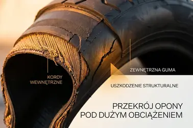 Przekrój ugiętego boku opony obrazujący pracę nitek osnowy i różnicę między odbudową gumy a naprawą konstrukcji