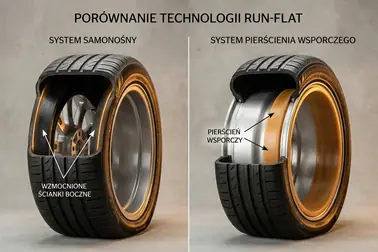 Przekroje samonośnej opony Run Flat i systemu z pierścieniem podporowym