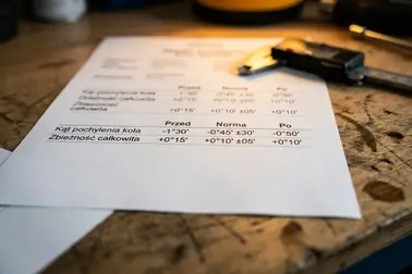 Przykładowy wydruk geometrii z oznaczonym wynikiem przed regulacją, tolerancją i wynikiem końcowym