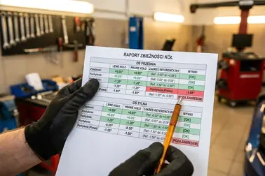 Przykładowy wydruk z pomiaru geometrii kół pokazujący wartości przed i po regulacji oraz odchylenia