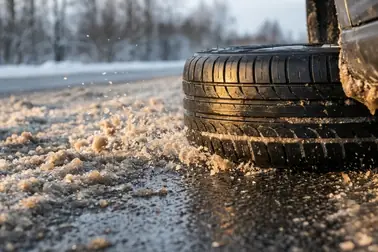Samochód na oponach letnich przejeżdżający przez błoto pośniegowe i tracący stabilność toru jazdy.