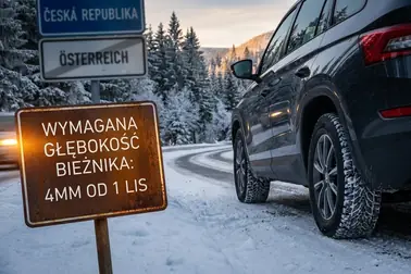 Samochód na zimowej trasie przez Czechy i Austrię z zaznaczonymi różnicami terminów i warunków obowiązku