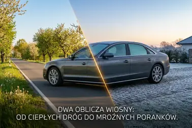 Samochód podczas wiosennej pogody z ciepłym dniem i chłodnym, oszronionym porankiem
