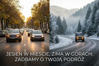 Samochody jadące miejską ulicą i chłodną drogą górską w okresie jesiennym