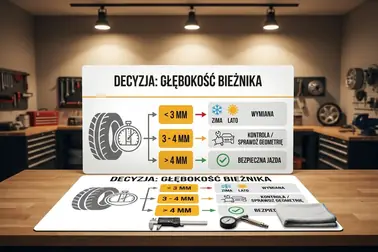 Schemat decyzji o wymianie opony na podstawie zużycia bieżnika i pory roku