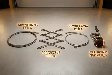 Schemat funkcjonalny łańcucha z obwodami bocznymi, poprzeczkami, zamknięciem i napinaczem