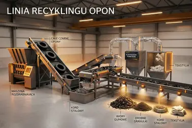 Schemat mechanicznej linii recyklingu opon obrazujący proces od cięcia do podziału na frakcje materiałowe