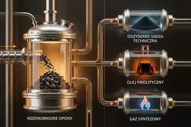 Schemat pirolizy opon z frakcją stałą, olejem, gazem i odzyskaną stalą