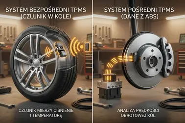 Schemat porównujący bezpośredni TPMS w kołach z pośrednim systemem wykorzystującym dane ABS