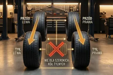 Schemat przekładania opon z uwzględnieniem bieżnika kierunkowego i różnych rozmiarów na osiach